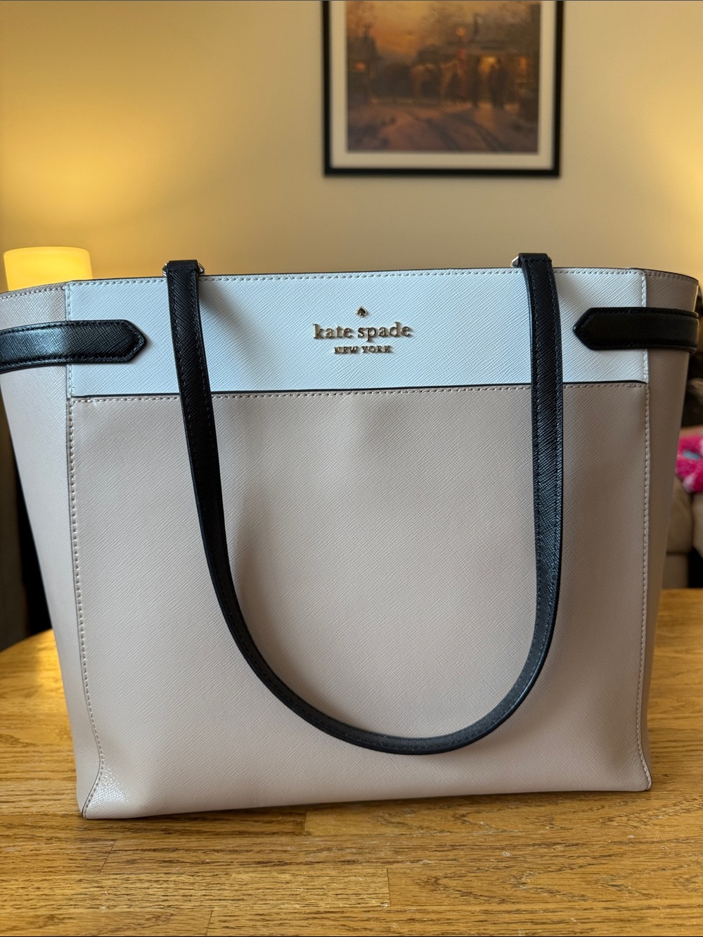 kate spade Beige, White & Black Leather Tote with matching wallet